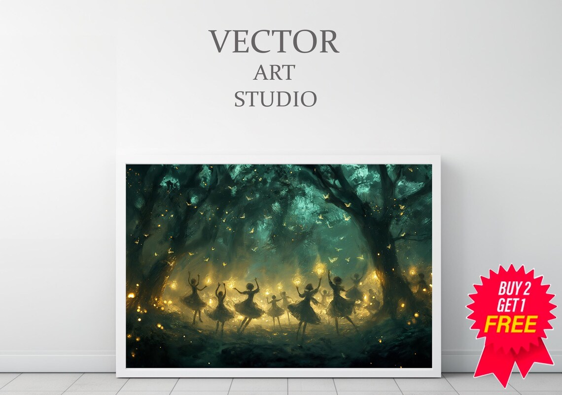 Silhouette Fairies Dancing in Glowing Forest Fireflies Fantasy Poster - Image 3