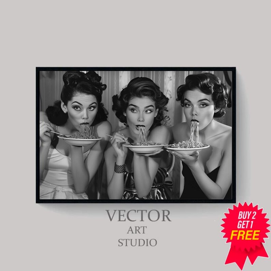 Three Women Eating Spaghetti Vintage Black White Photo Poster - Image 4