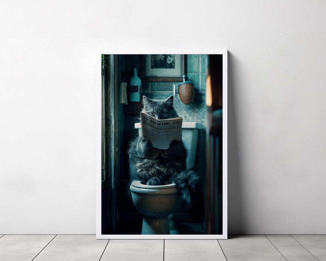 Funny Cat Reading Newspaper On Toilet Humorous Bathroom Poster - Image 3