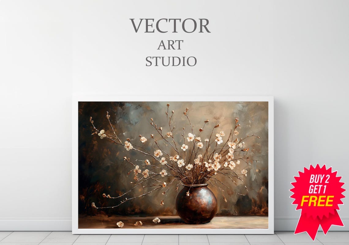 White Blossom Branches In Dark Bronze Vase Moody Floral Poster - Image 3