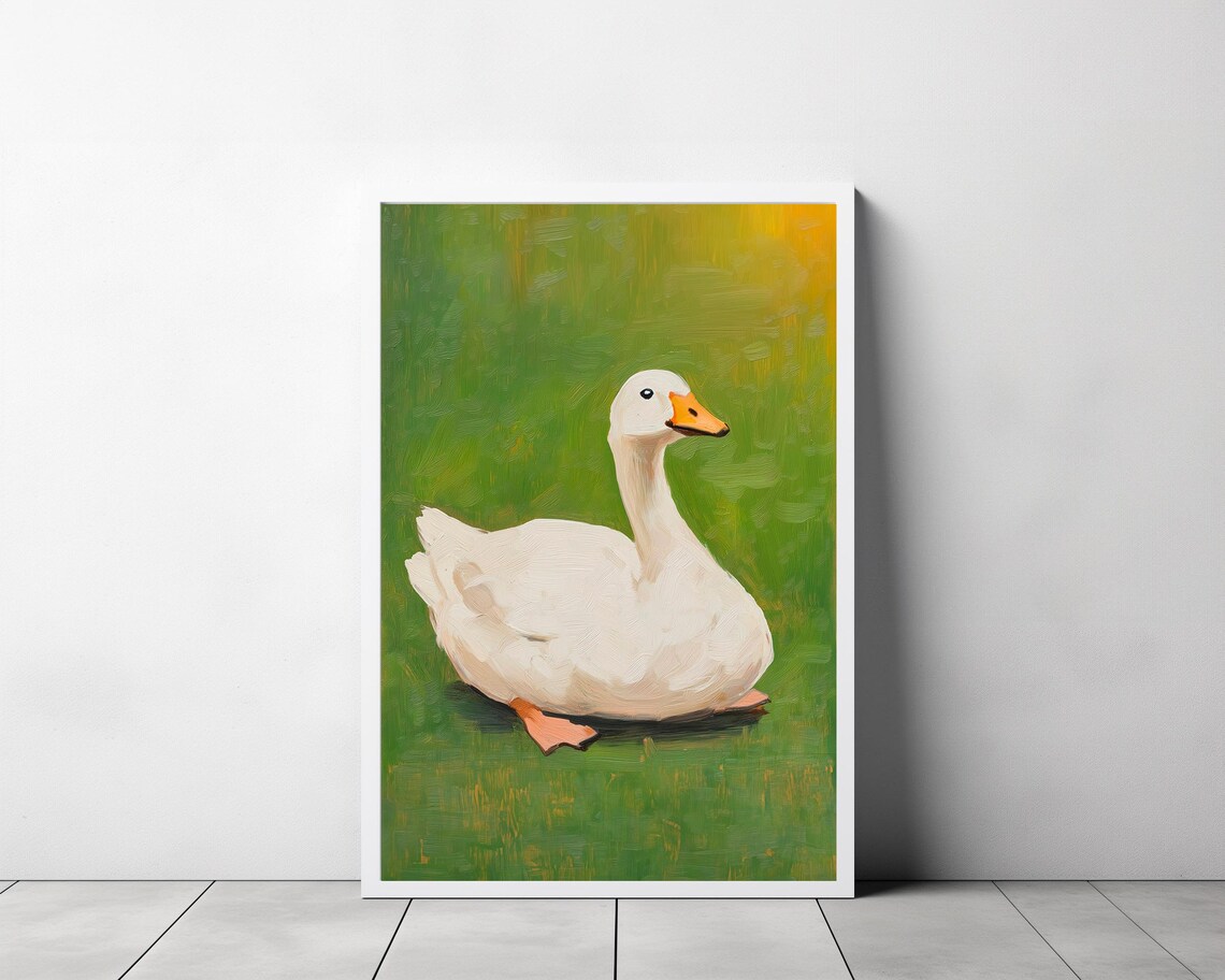 White Goose Sitting on Vivid Green Oil Painting Nursery Poster - Image 3
