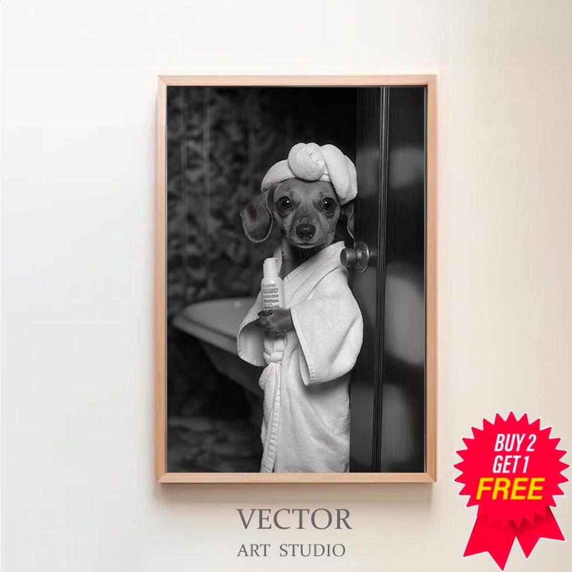 Dachshund In Bathrobe Peeking From Bathroom Door Photo Poster