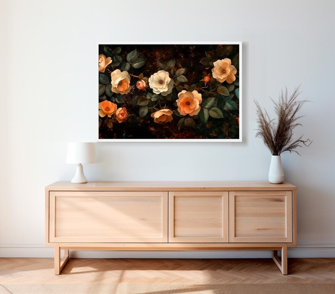 Dark Moody Cream Apricot Roses Vintage Botanical Floral Poster - Image 2