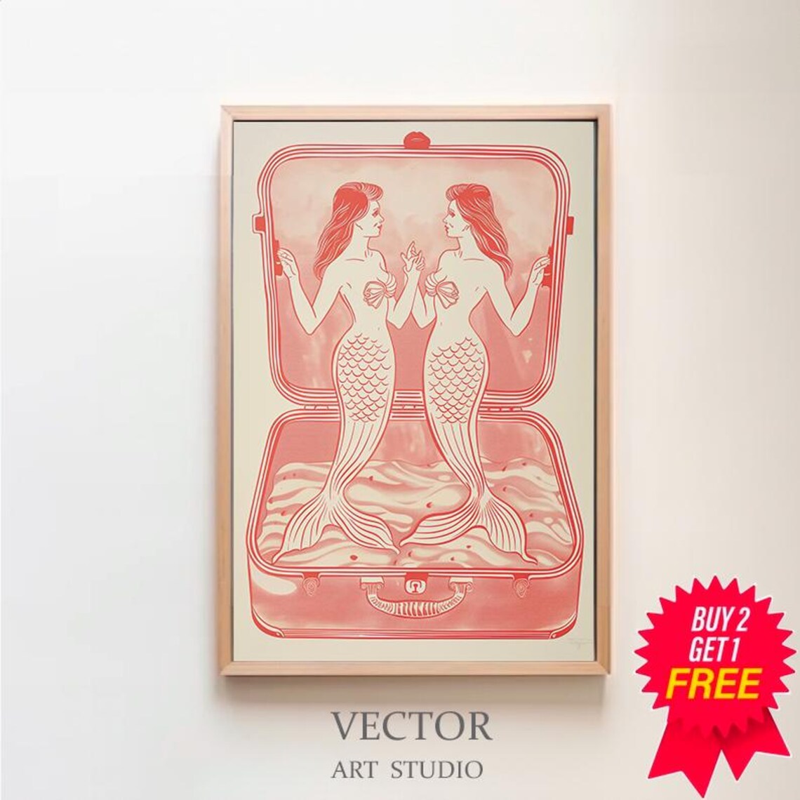 Twin Mermaids in a Pink Sardine Tin Retro Coastal Kitchen Art Poster