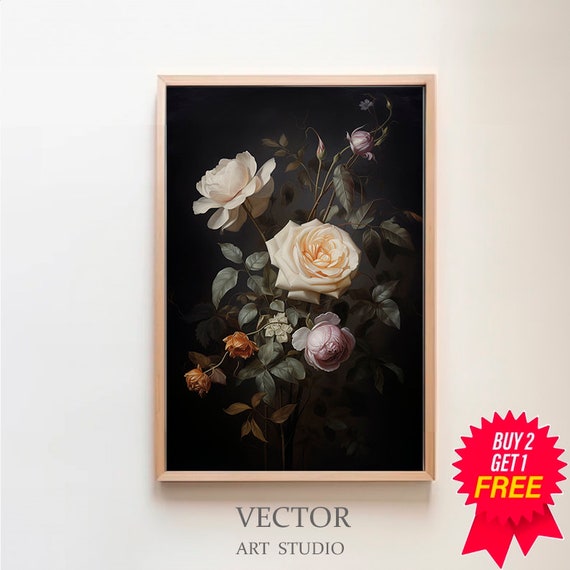 Vintage Moody Dark Flower Print Art Dark Academia Botanical Wall Art Floral Still Life Oil Painting