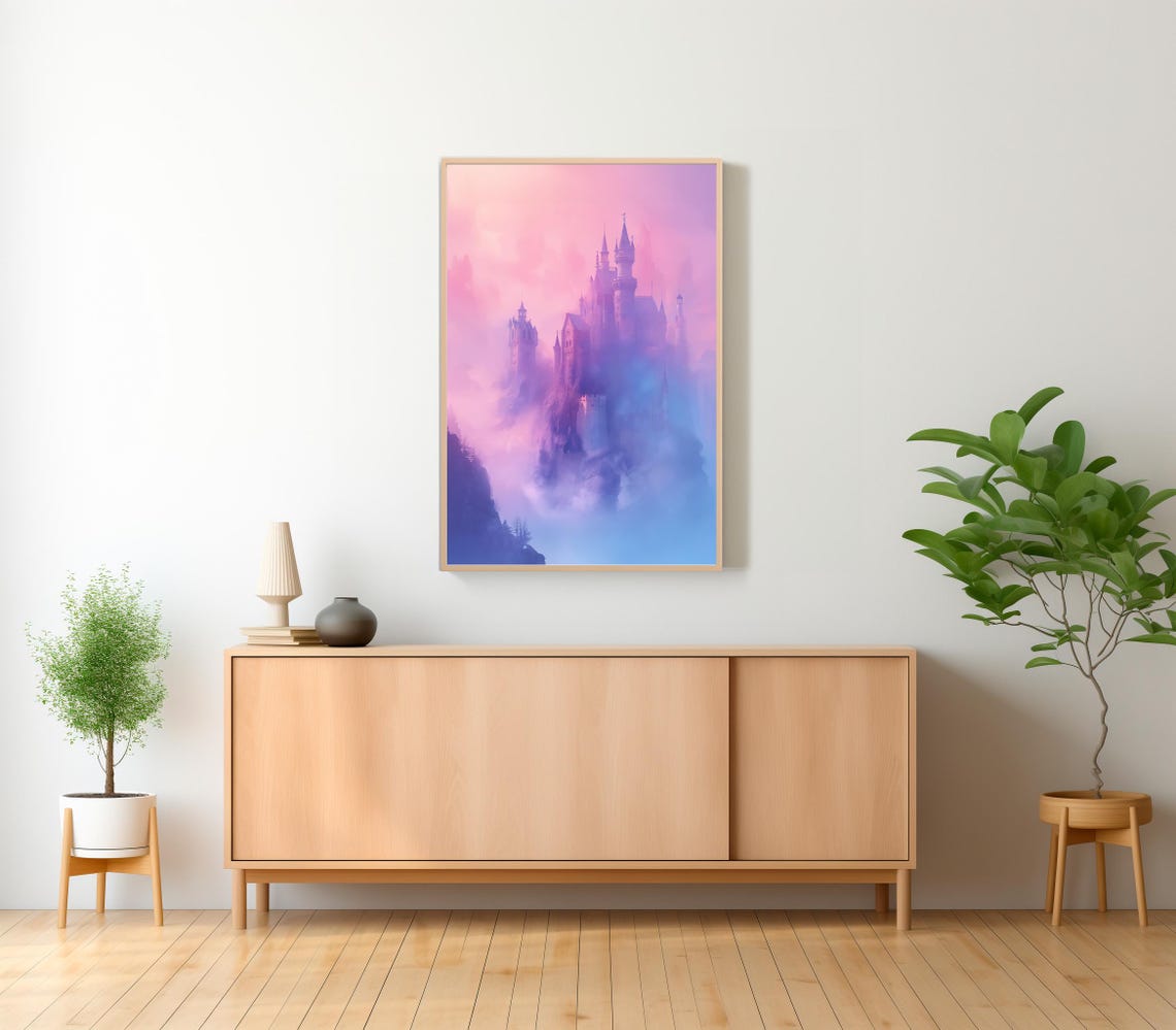 Abstract Magic Castle Painting Pastel Kingdom Wall Art Print Modern Pink Colorful Kids Room Playroom Nursery Wall Art Print - Image 2