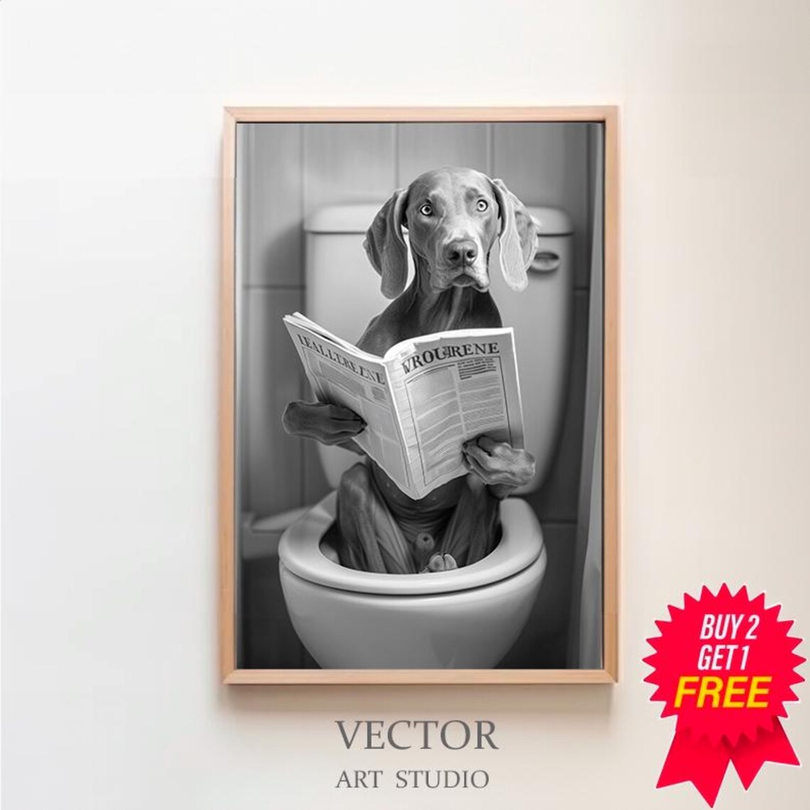 Grey Weimaraner Staring at Camera with Magazine on Toilet Poster