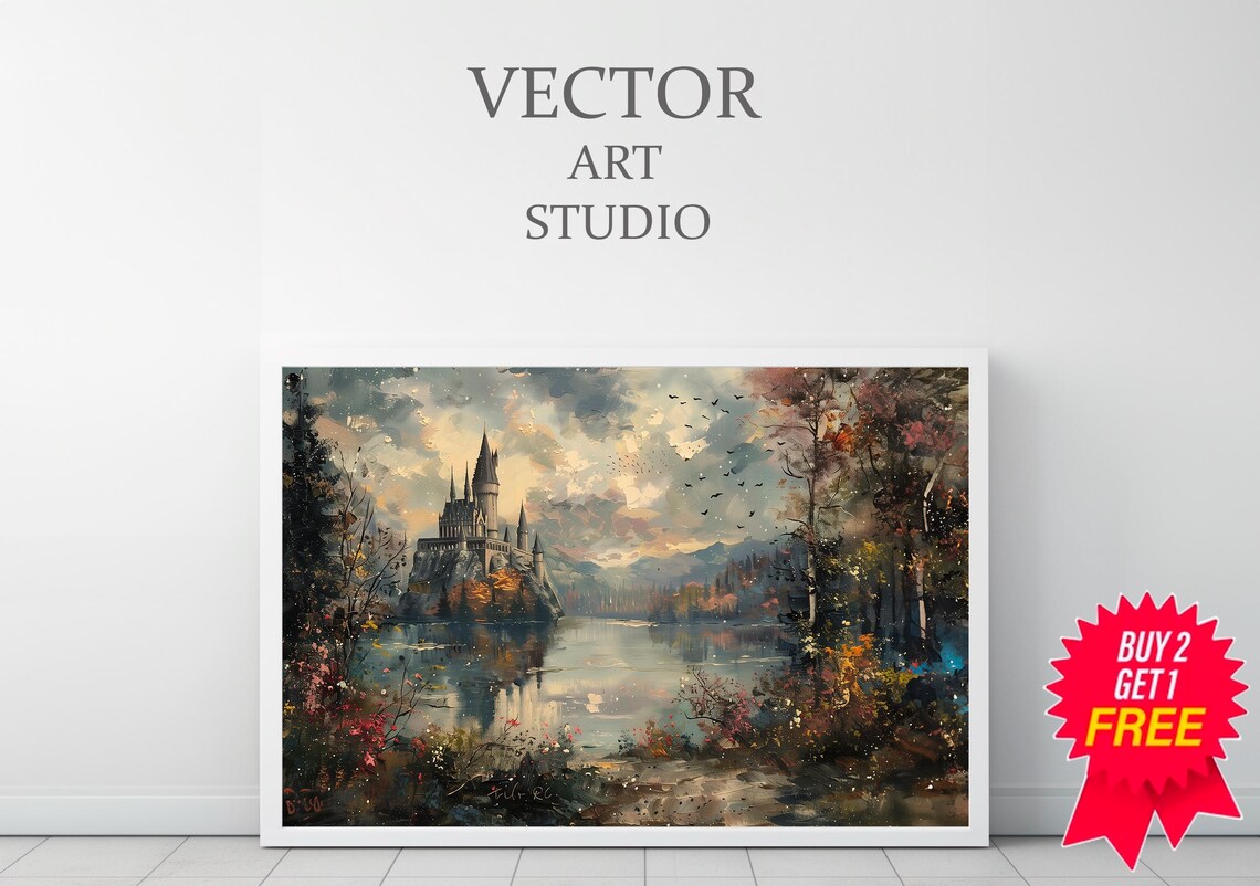 Watercolor Wizard Castle on Autumn Lake Impressionist Art Print - Image 3