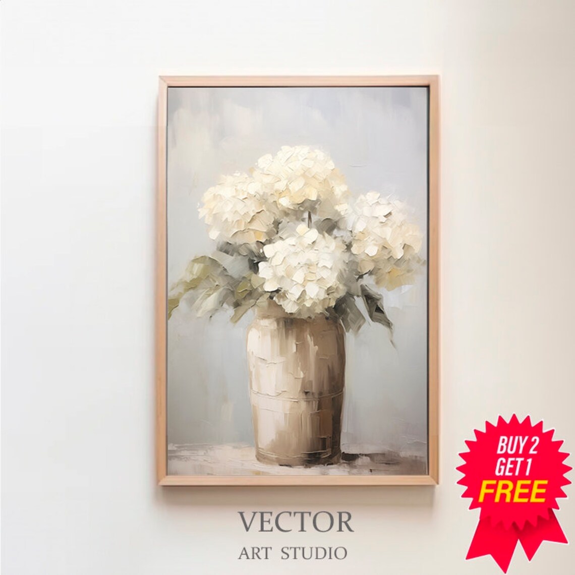 White Hydrangeas in a Ceramic Vase Soft Farmhouse Floral Poster