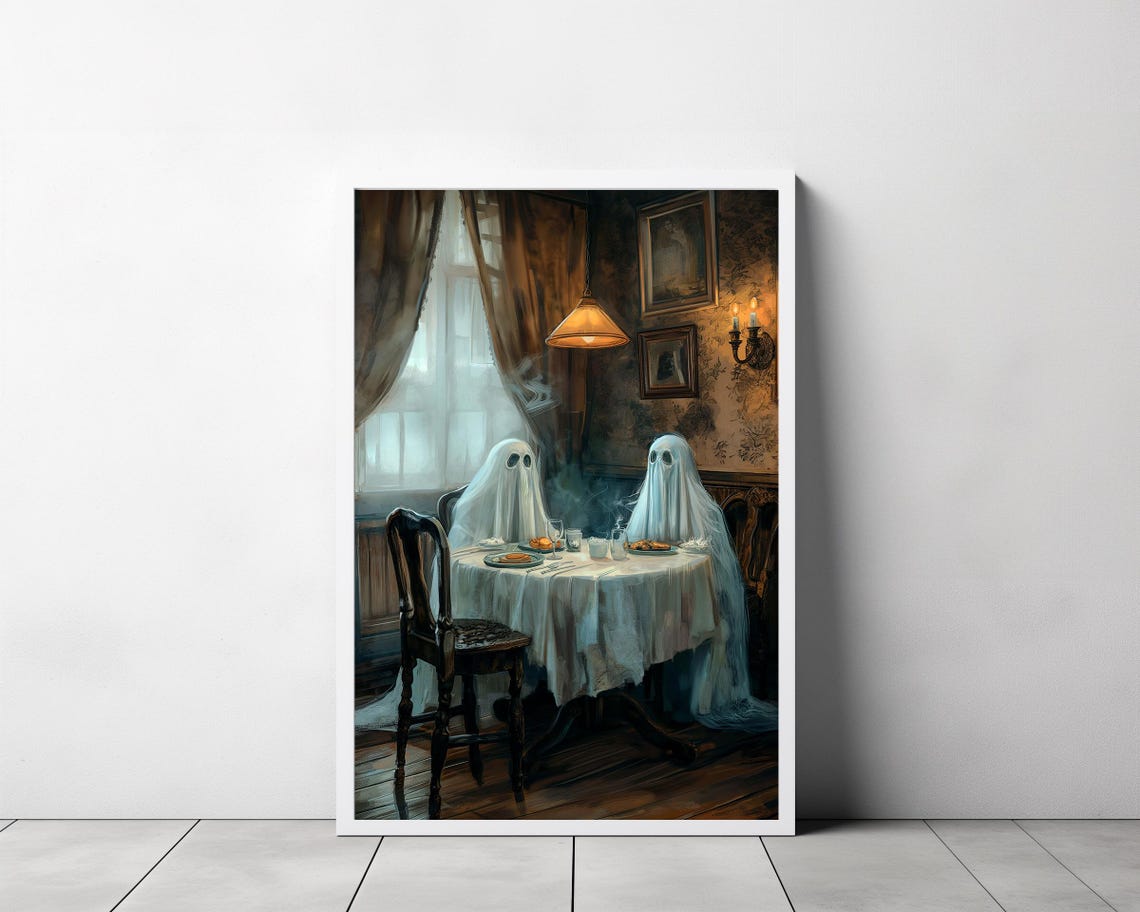 Two Cute Ghosts Having A Candlelit Dinner In A Vintage Room Poster - Image 3