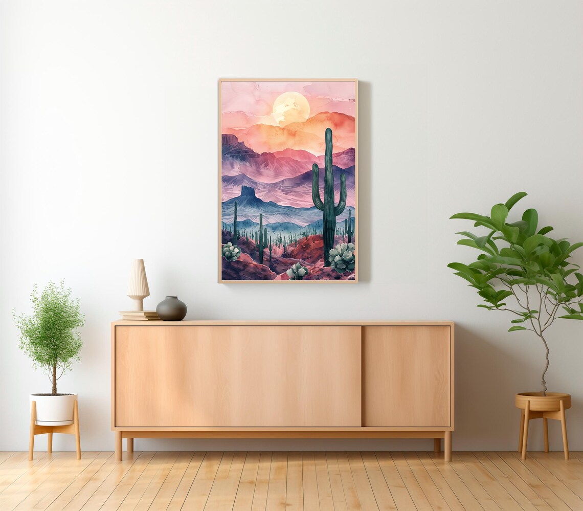 Sonoran Desert Sunrise Saguaro Cactus Mountains Watercolor Poster - Image 2