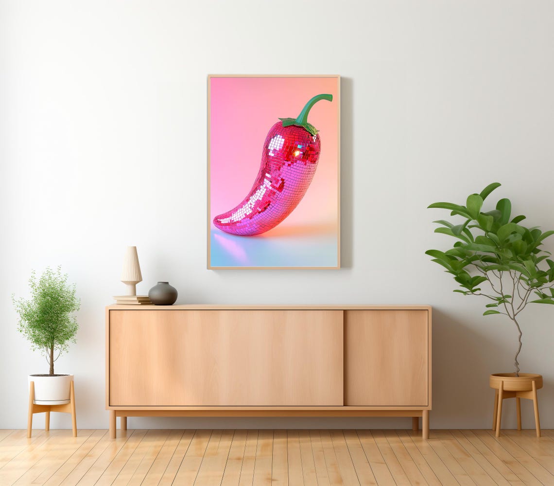 Red Chili Pepper Disco Ball Pink Kitchen Dopamine Art Poster - Image 2