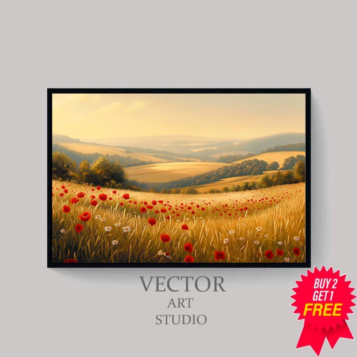 Golden Wheat Field With Red Poppies At Sunset Meadow Art Poster - Image 4
