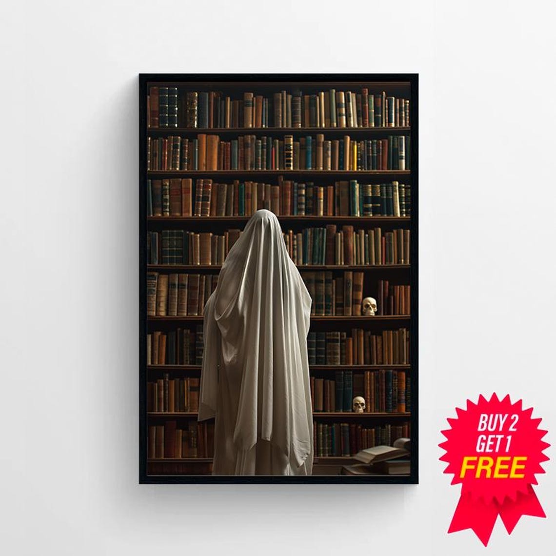 Ghost Facing A Wall Of Old Books From Behind Dark Academia Poster - Image 4
