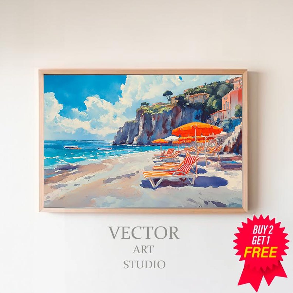 Capri Beach With Cliffside Buildings And Orange Umbrellas Poster