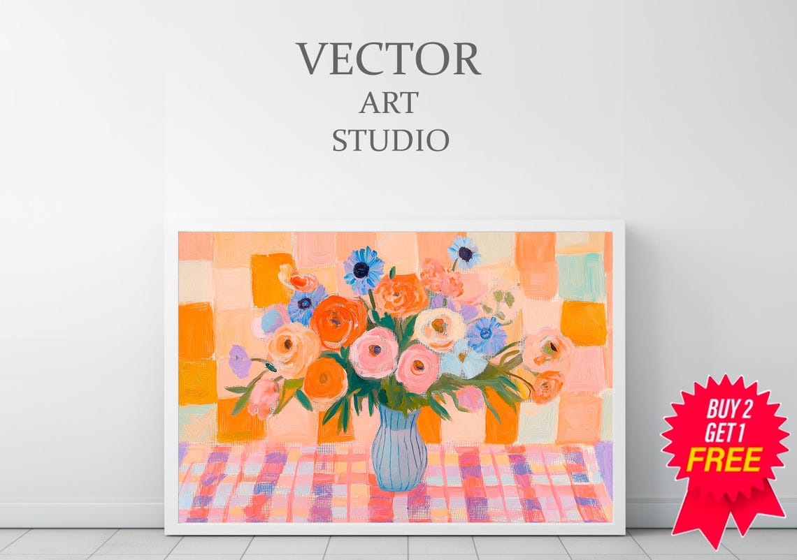 Still Life Frame Tv Art Maximalist Mid Century Modern Bold Flower Tv Picture Colorful Floral Vibrant Checkerboard Textured Oil Painting - Image 3