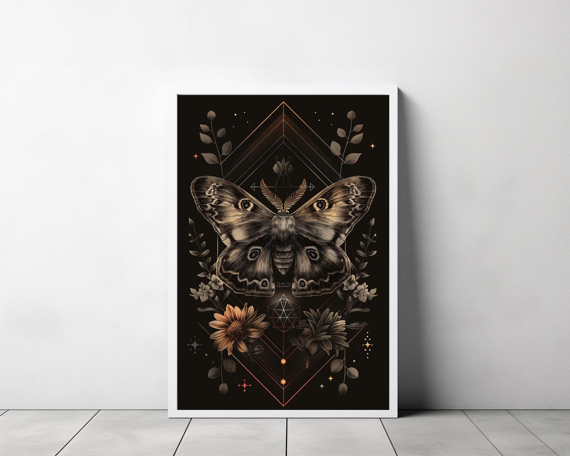 Art Nouveau Golden Moth with Sacred Geometry on Black Mystical Poster - Image 3