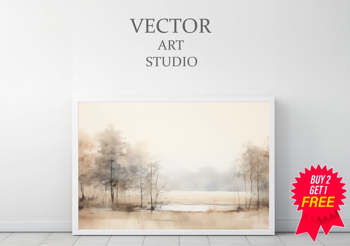Misty Lake with Pale Trees Soft Neutral Watercolor Landscape Poster - Image 3