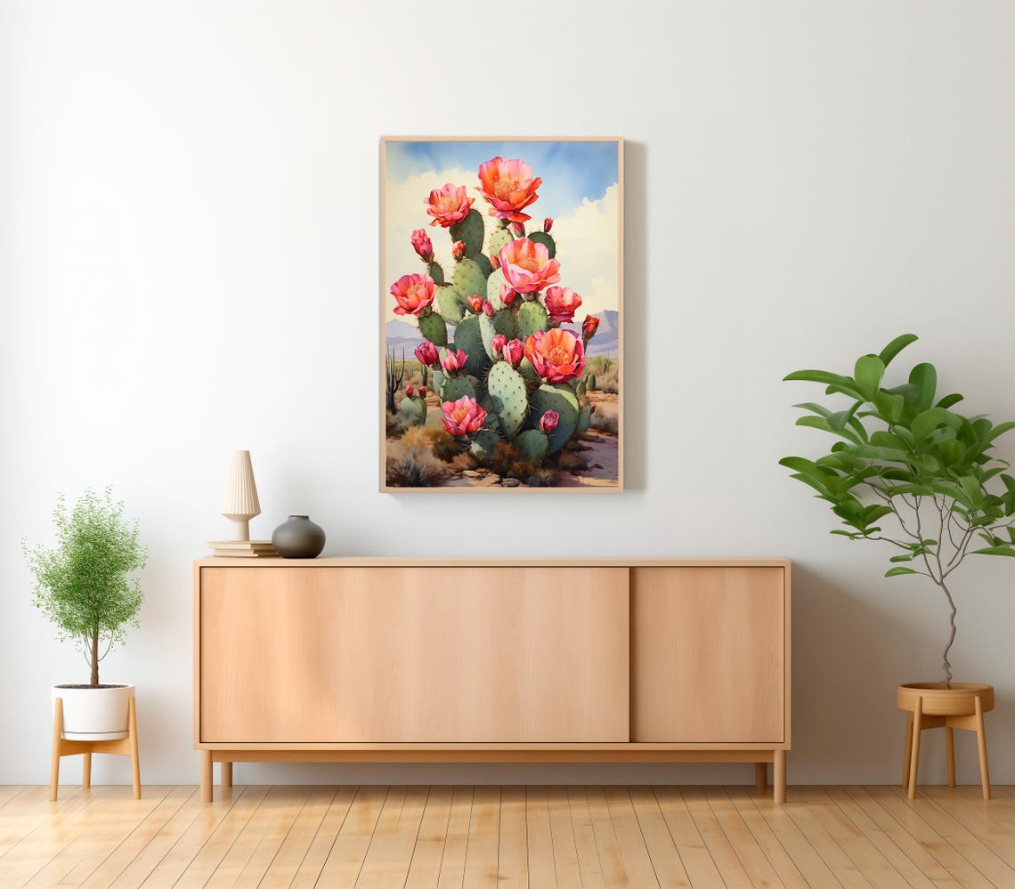 Coral Blooming Prickly Pear Cactus with Saguaro Desert Scene Poster - Image 2