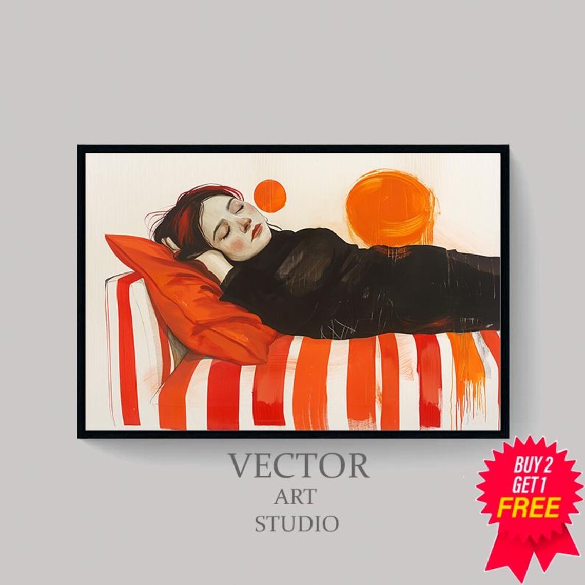 Modern Abstract Wall Art Woman On Red Orange Striped Couch Unique Line Drawing Large Print For Vibrant Home Decor - Image 4