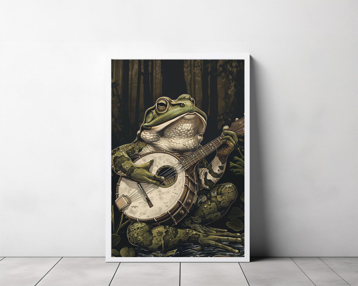 Frog Playing Banjo in a Dark Forest Vintage Style Musical Art Poster - Image 3