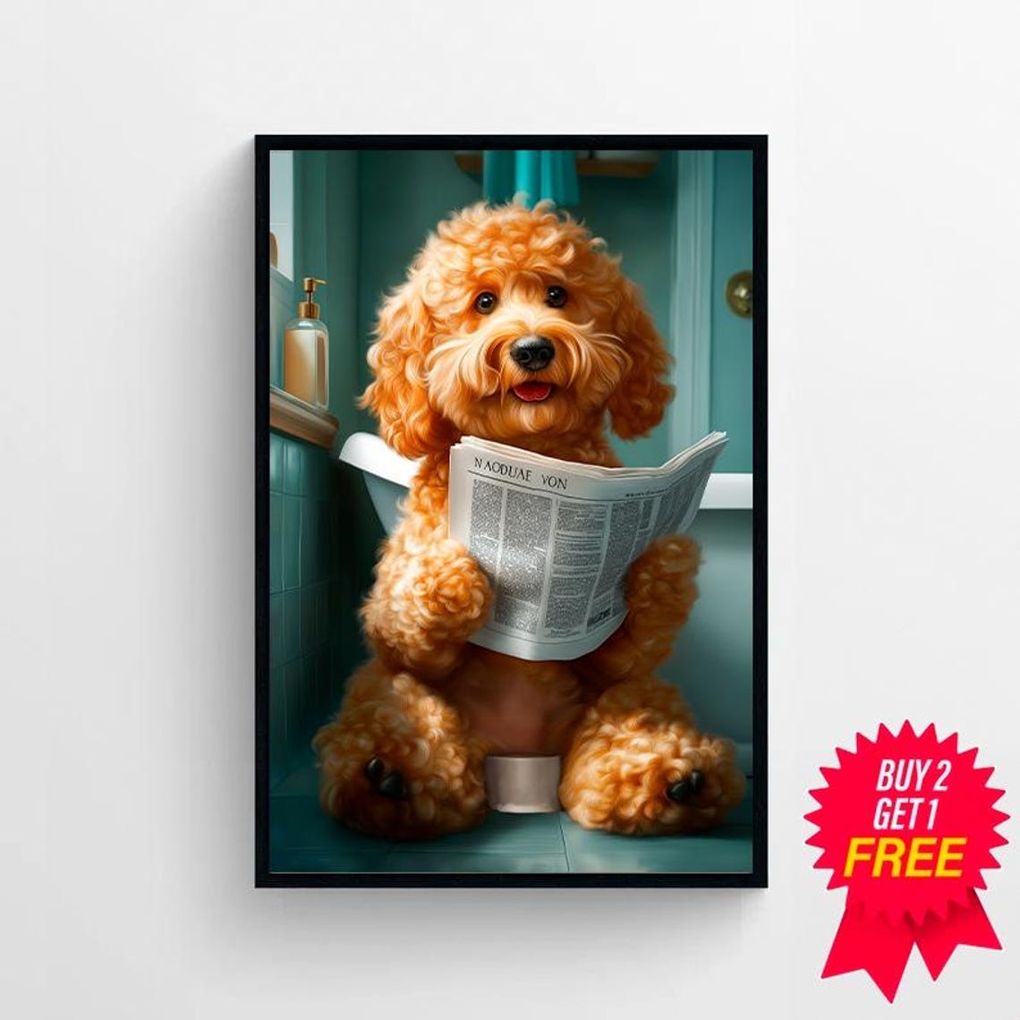 Happy Smiling Cockapoo Reading Newspaper on Toilet Bathroom Poster - Image 4