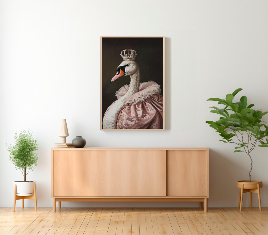 Elegant Crowned White Swan in Pink Gown Royal Portrait Animal Poster - Image 2