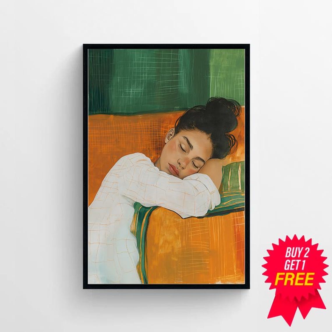 Sleeping Woman Resting on an Emerald Green Striped Couch Poster - Image 4
