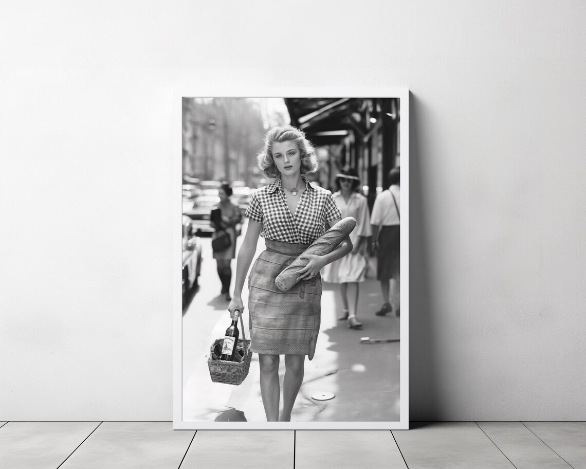 Parisian Woman with Baguette and Wine Vintage Street Photo Art Print - Image 3
