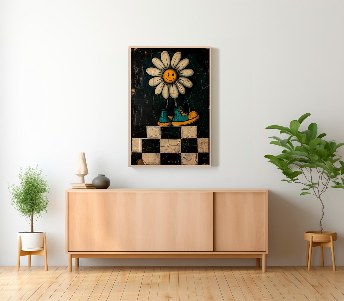 Smiling Daisy In Sneakers Dark Moody Retro Flower Decor Poster - Image 2