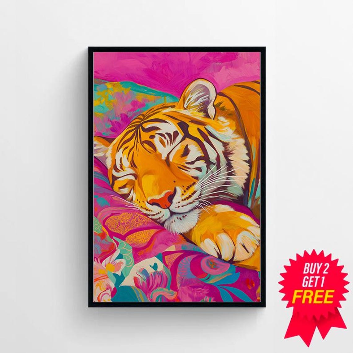 Sleeping Tiger Resting on a Vivid Magenta Maximalist Floral Bed Poster - Image 4