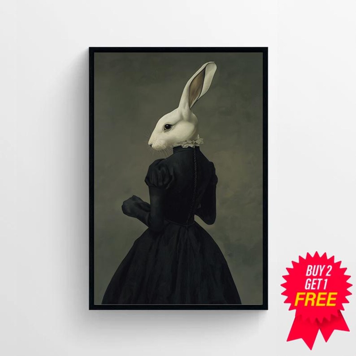 Victorian Lady Rabbit Portrait in Black Dress Gothic Painting Poster - Image 4