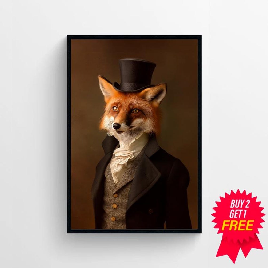 Regal Red Fox Wearing Top Hat Victorian Portrait Animal Wall Art - Image 4
