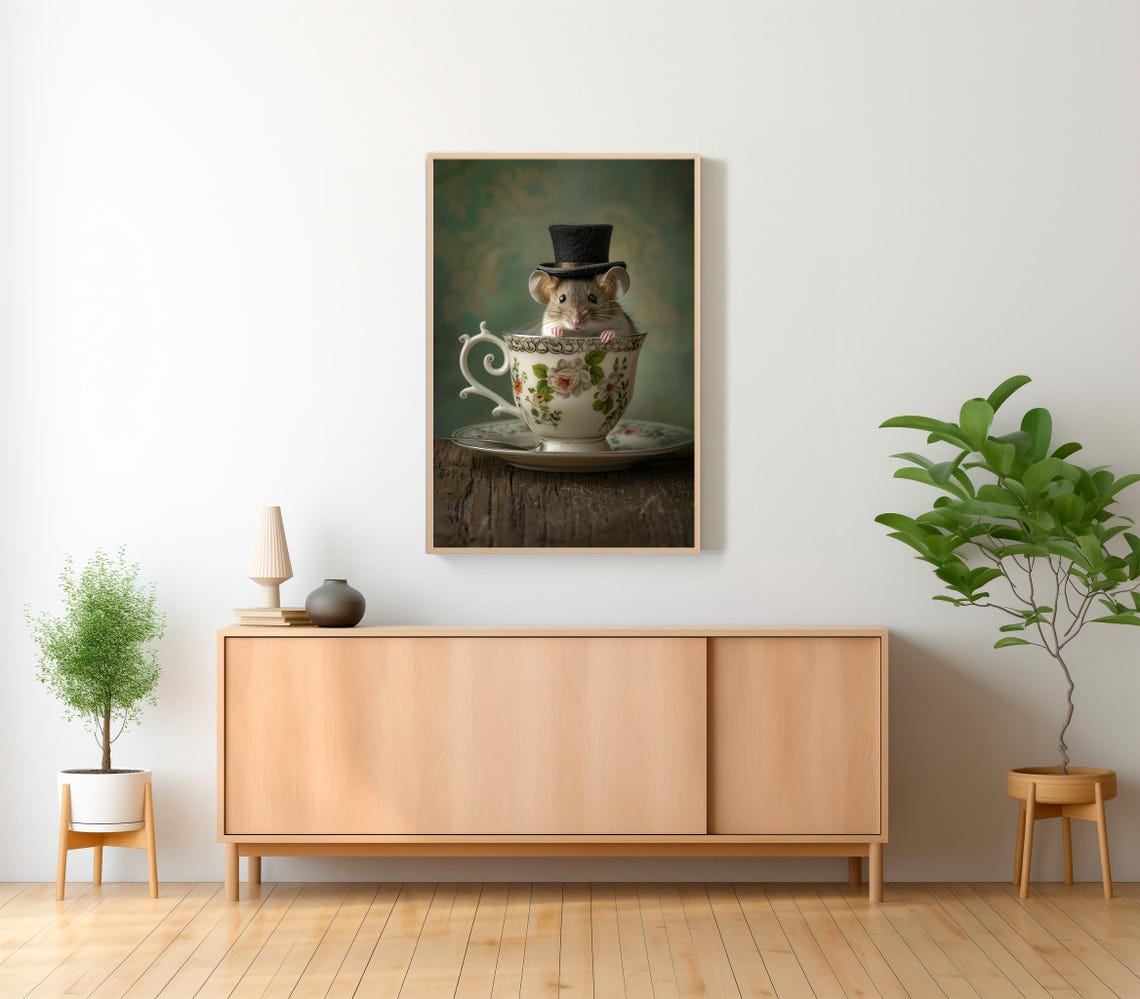 Cute Mouse In A Tiny Top Hat Sitting In A Floral Teacup Wall Art - Image 2