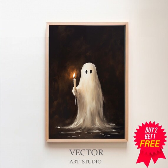 Haunting Ghost Holding Candle in Darkness Warm Glow Halloween Art Poster