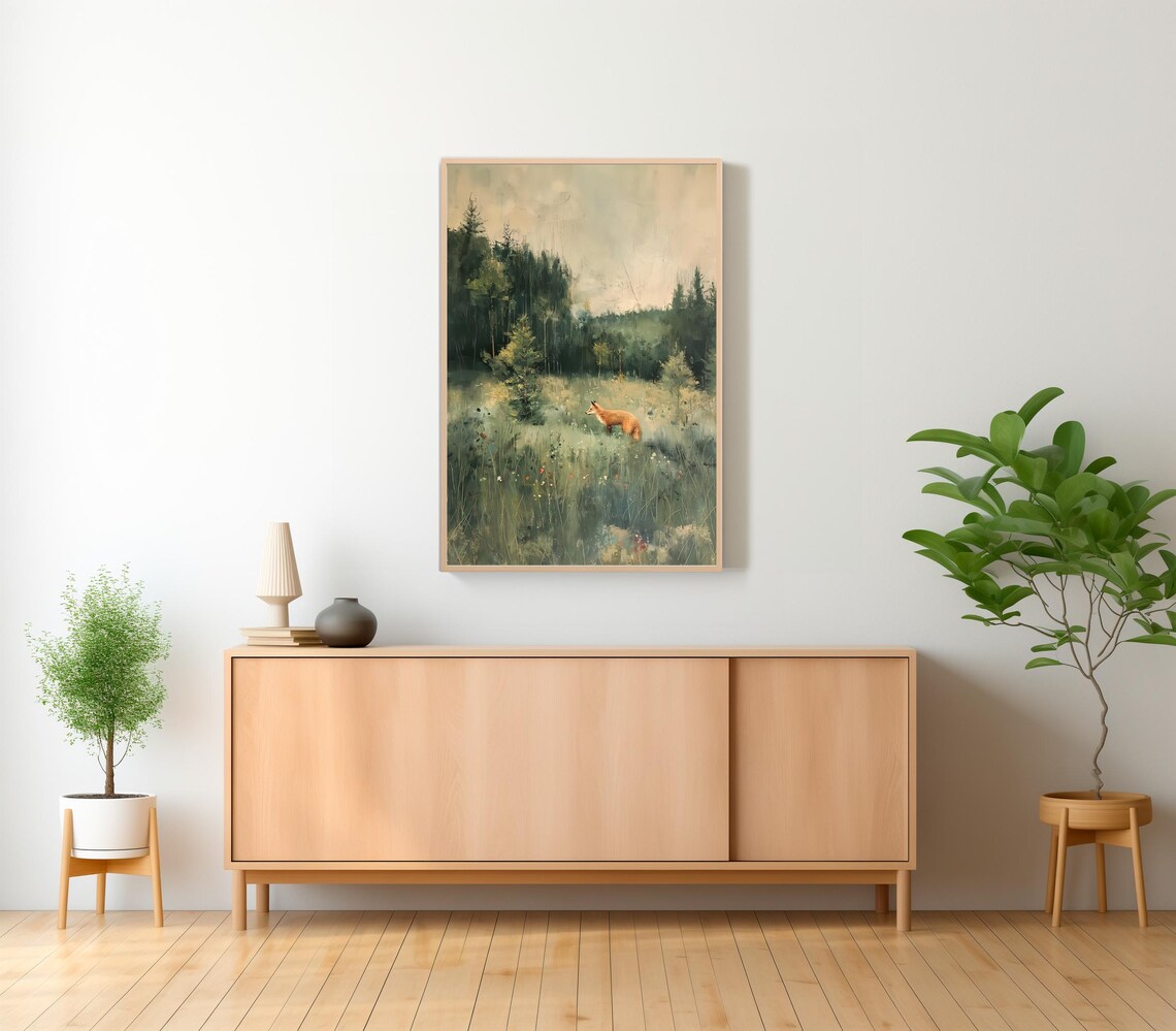 Red Fox Standing In A Misty Woodland Meadow Vintage Oil Painting Poster - Image 2