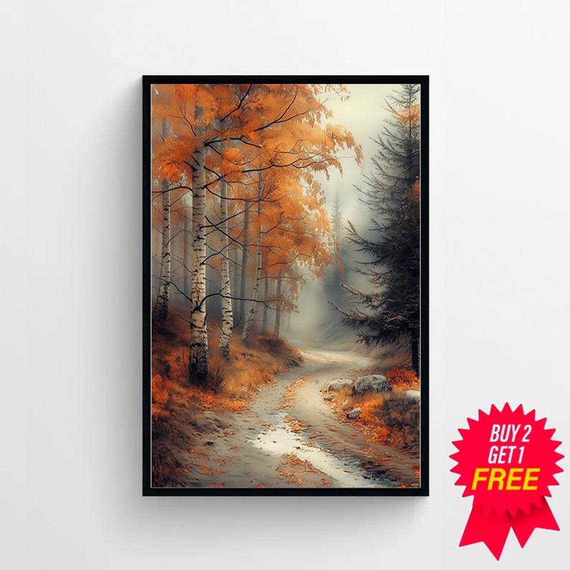 Fiery Orange Birch Tree Avenue Misty Autumn Forest Path Poster - Image 4