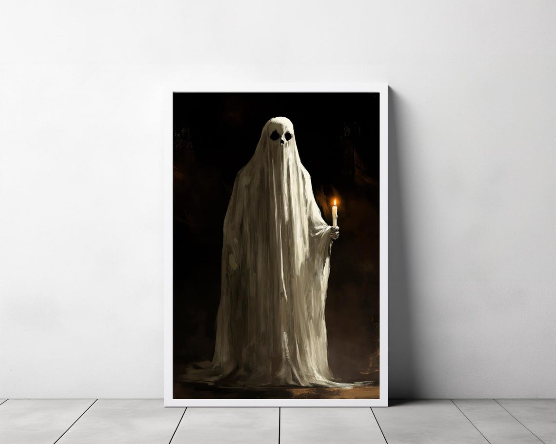 Classic White Sheet Ghost With Candle Black Background Poster - Image 3