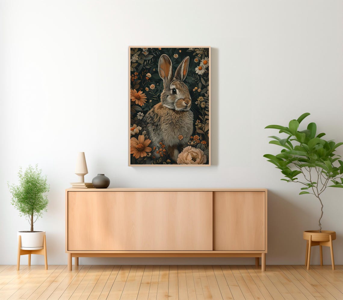 Brown Rabbit in Dark Floral Garden Vintage Botanical Animal Poster - Image 2
