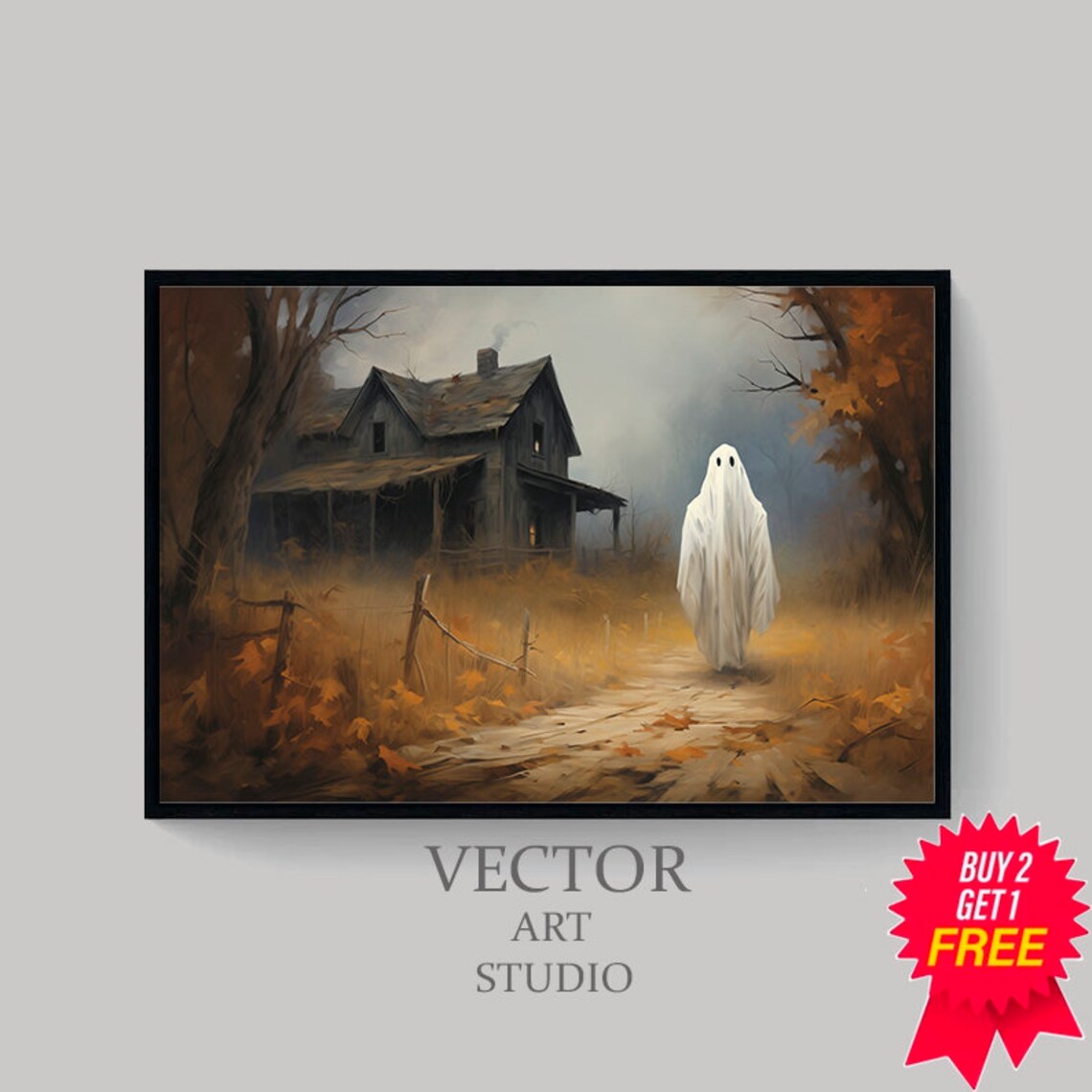 Ghost on Dirt Path to Old Farmhouse Foggy Autumn Halloween Poster - Image 4