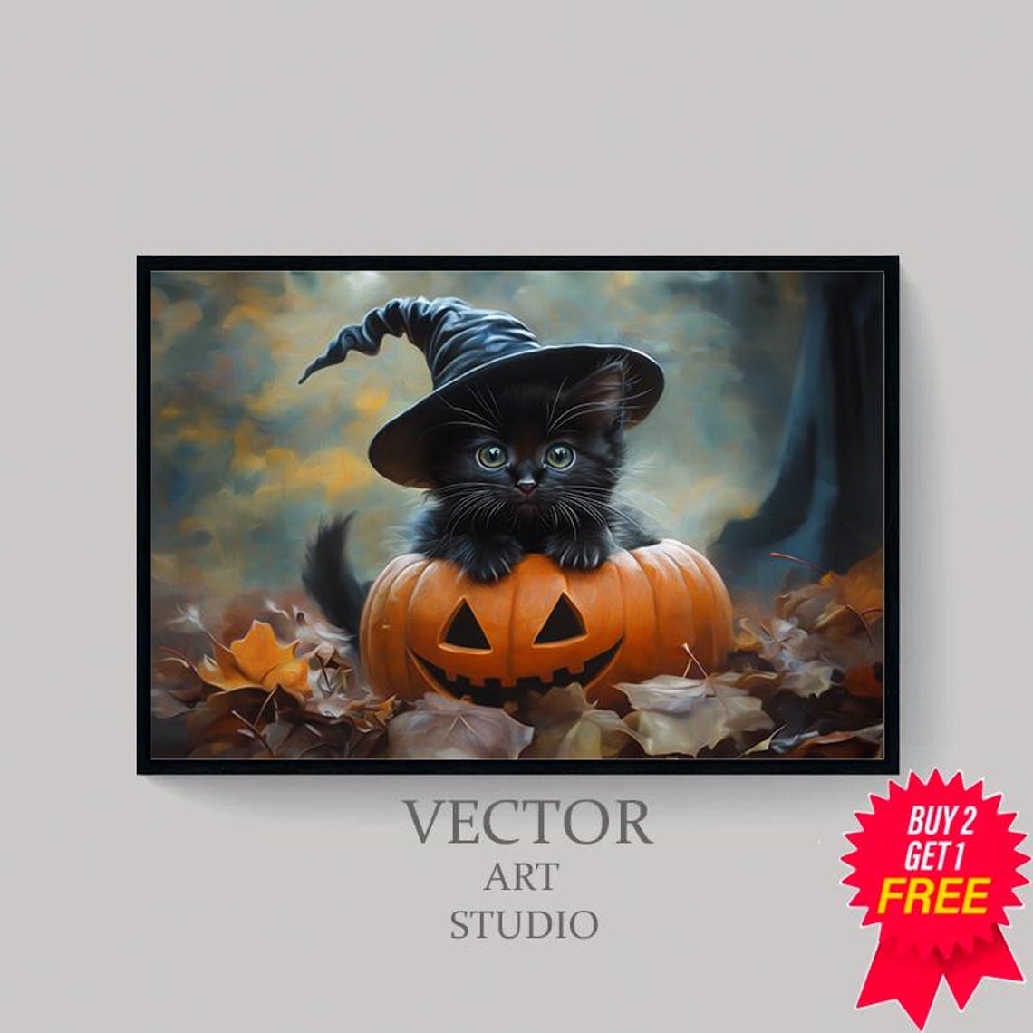 Black Kitten in Witch Hat on Pumpkin Vintage Halloween Poster - Image 4
