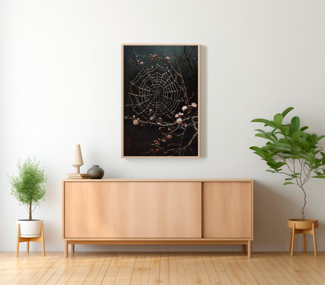 Dewy Spider Web Glinting on Blossoming Branches Moody Poster - Image 2