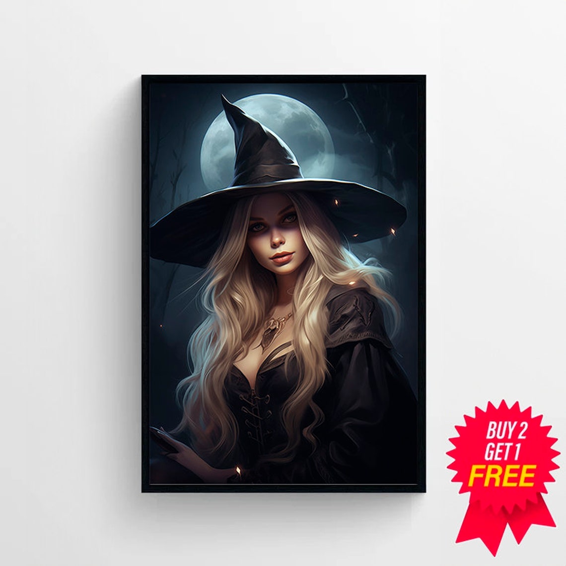 Blonde Witch Under the Full Moon Dark Gothic Fantasy Portrait Poster - Image 4