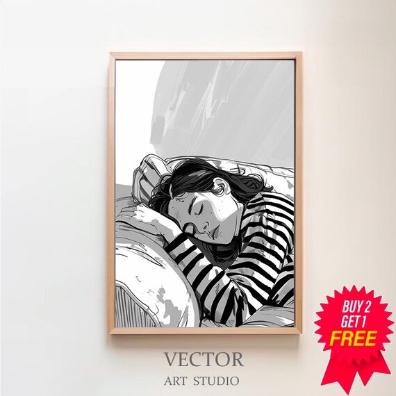 Black and White Sketch of a Sleeping Woman in Stripes Poster