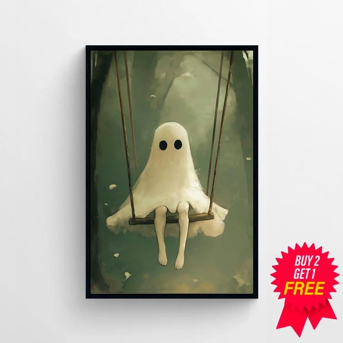 Cute Sheet Ghost Sitting on a Swing in Misty Green Forest Poster - Image 4