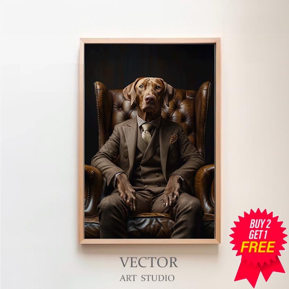 Vizsla Dog in Brown Suit Sitting in Leather Chair Portrait Art Print