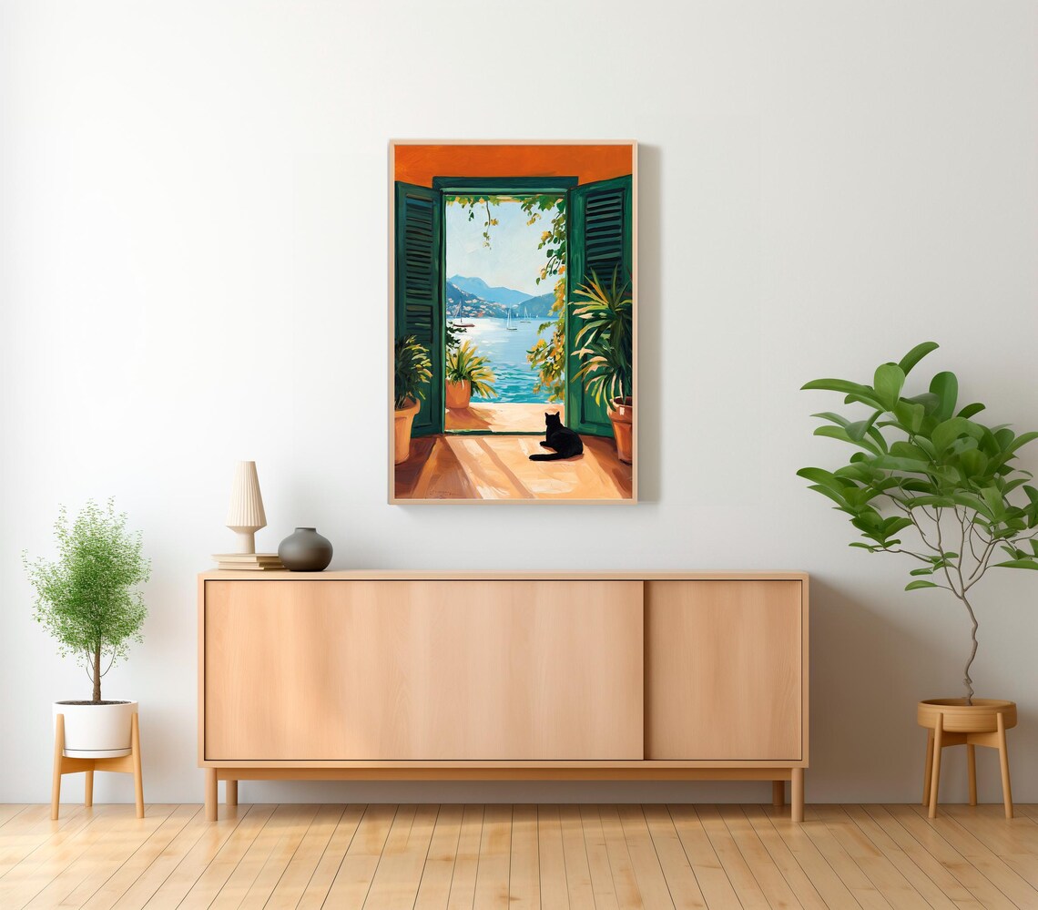 Black Cat Sitting by an Open Window Overlooking the Sea Poster - Image 2