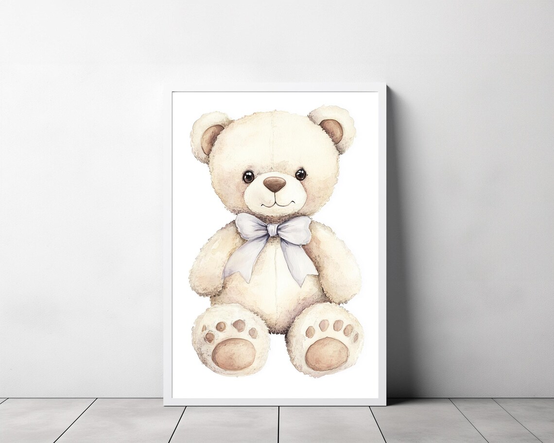 Cream Teddy Bear with Gray Ribbon Bow Watercolor Nursery Poster - Image 3