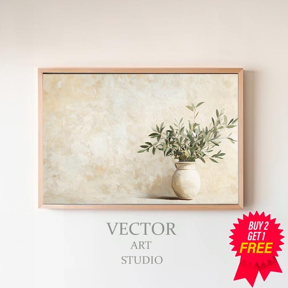 Neutral Cream Vase With Olive Sprigs On Textured Beige Wall Poster