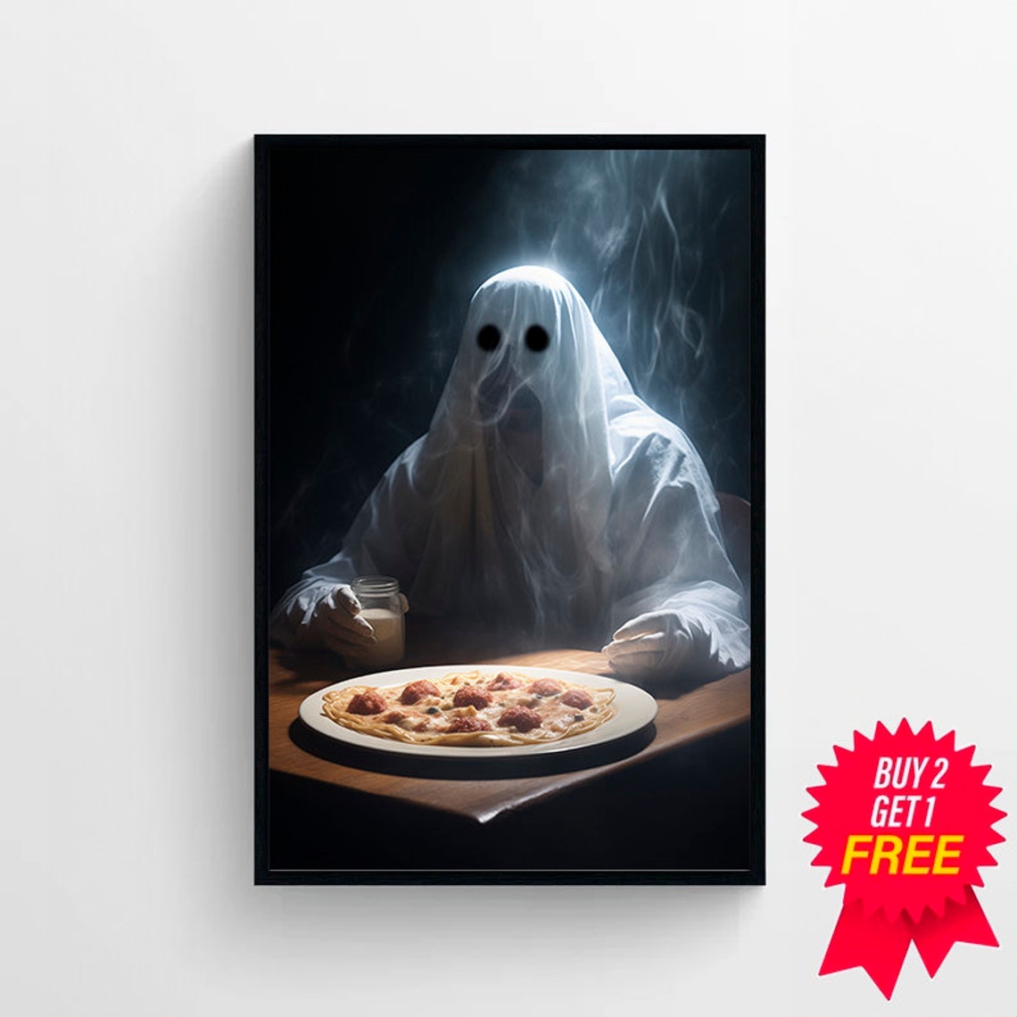 Ghost Eating Pizza in Dark Smoky Room Funny Cute Halloween Poster - Image 4